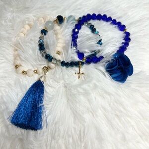 Blue and White Beaded Bracelets Set